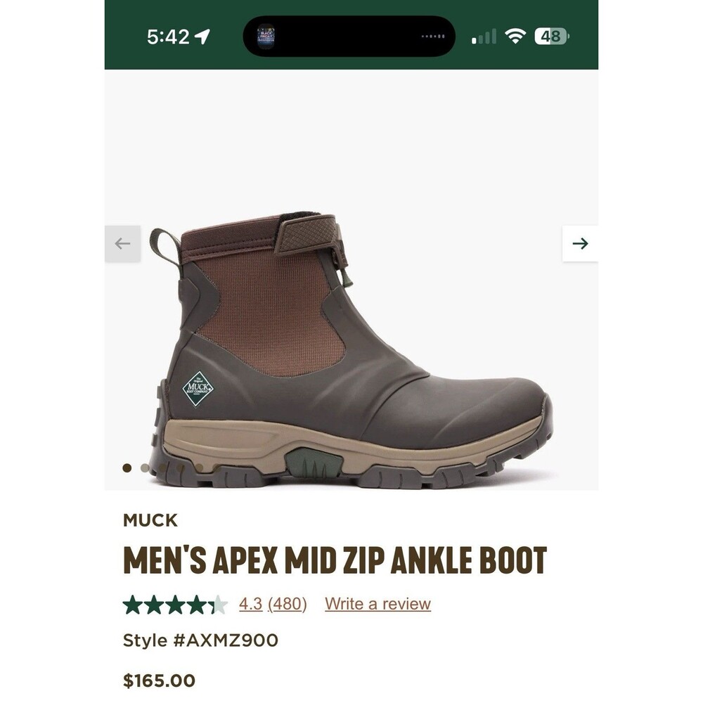 Men’s original MUCK BOOTS APEX MID ZIP ANKLE BOOT BROWN Size 10 NWT NO BOX  $165